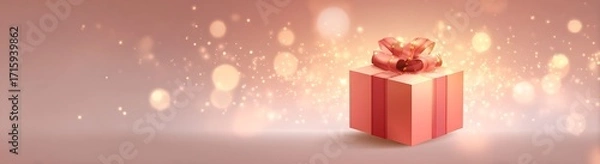 Obraz A glowing, elegantly wrapped gift box with a golden ribbon stands on a light background, surrounded by glittering, warm bokeh and soft snow particles, perfect for festive holiday and celebration theme