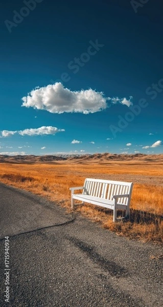 Fototapeta Empty white bench by a country road under a vibrant sky