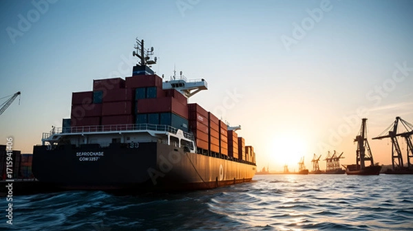 Fototapeta Seafaring vessel hauling containers under daylight sky