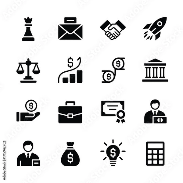 Fototapeta Collection of 16 scalable vector icons representing business finance and strategy concepts silhouette vector illustration white background