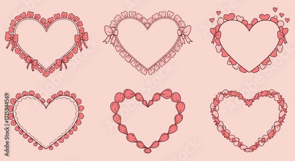 Fototapeta Romantic heart frames with floral and bow accents in pastel tones