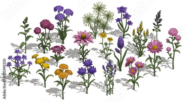 Obraz Diverse collection of vibrant wildflowers and herbs on white background