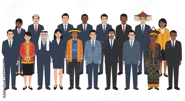 Fototapeta Diverse group of professionals in business attire and traditional outfits