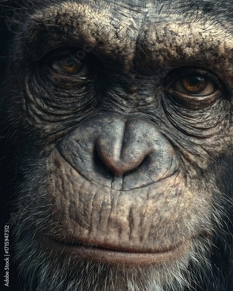Obraz Hyper realistic close up of chimpanzee face with wrinkled skin deep eyes and lifelike fur textures
