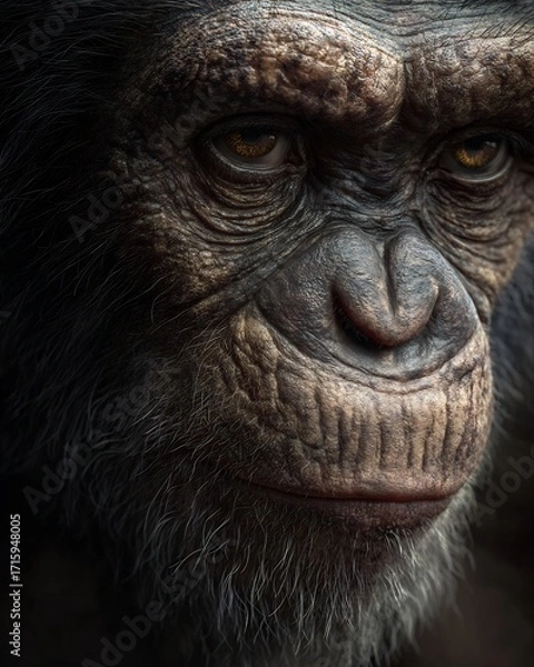Obraz Hyper realistic close up of chimpanzee face with wrinkled skin deep eyes and lifelike fur textures