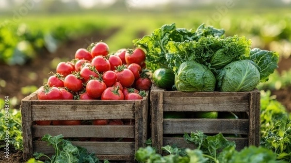 Fototapeta Fresh vegetables stacked in wooden crates symbolizing food supply with copy space, soft daylight, farm background.