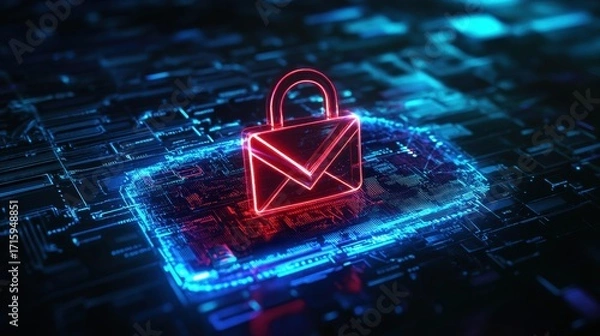 Fototapeta Digital lock symbol over glowing email envelope icon, cool blue light, futuristic cyber background.