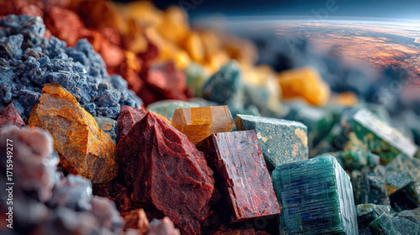 Fototapeta Collection of colorful rare earth minerals, including red, orange, and green crystals, is displayed against blurred background resembling planetary horizon. These minerals are critical resources