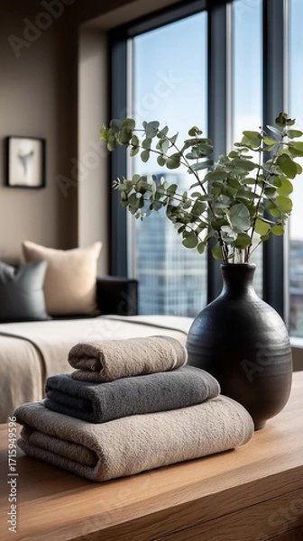 Fototapeta A vase with a green plant in it sits on a wooden table. The table is surrounded by a couch and a chair. The vase and plant add a touch of nature to the room, creating a calming and relaxing atmosphere