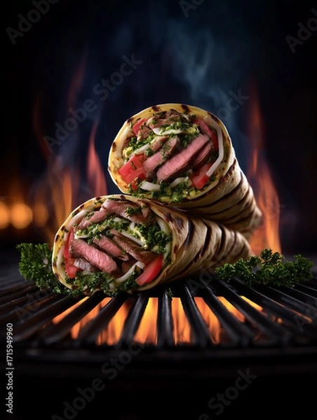 Fototapeta Two burritos with meat and vegetables on top of a grill. The grill is on fire and the burritos are on top of it