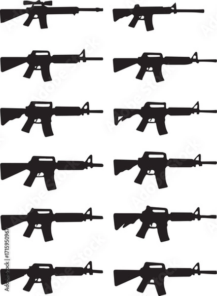 Fototapeta Collection of 16 firearm silhouettes including rifles, pistols, and assault weapons. Military, security, army, and defense-themed black vector icons for tactical design projects.
