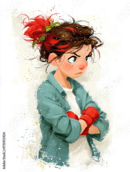 Fototapeta Girl with red hair and a red bandana on her head. She is wearing a blue shirt and a red glove. She is looking down and has a frown on her face