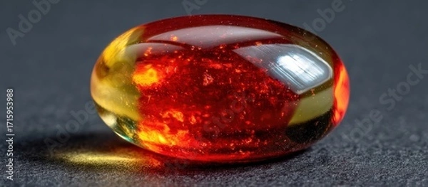 Fototapeta Translucent, amber-colored gemstone on a dark surface, glowing from within
