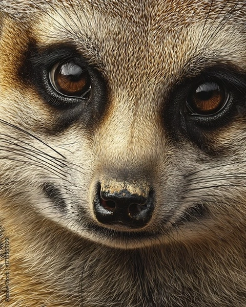 Obraz Hyper realistic close up of meerkat face with lifelike fur and sharp expressive eyes in wildlife portrait detail