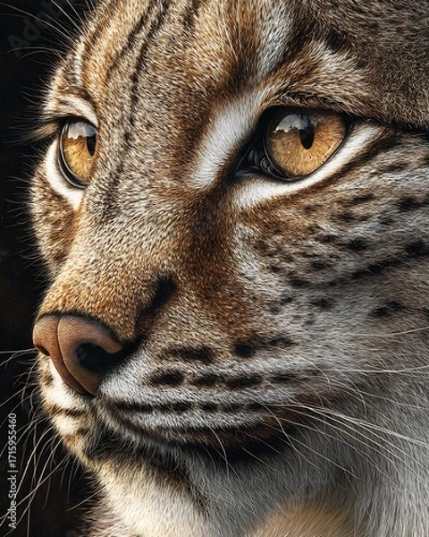 Obraz Hyper realistic close up of lynx face with tufted ears spotted fur and piercing golden eyes in sharp wildlife detail