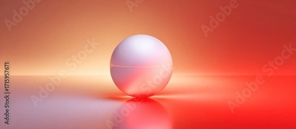 Fototapeta Sphere on reflective surface, glowing warm tones from yellow to red background