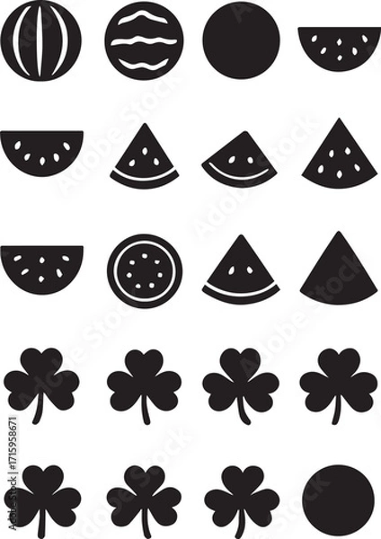 Fototapeta Vector set of 16 watermelon silhouettes and symbols, including slices, seeds, and clovers. Fresh fruit collection for summer, food, healthy lifestyle, logo, and decorative design use.