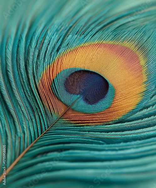 Fototapeta Close up of a peacock feather with a blue and gold color. The feather is very detailed and has a unique pattern. Concept of beauty and elegance