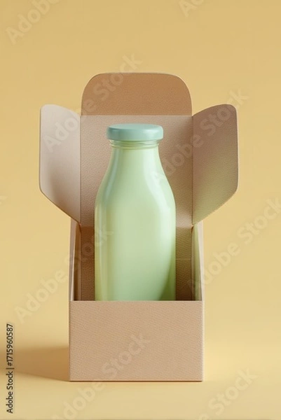 Obraz Light beige cardboard box with a light mint green glass bottle of milk inside