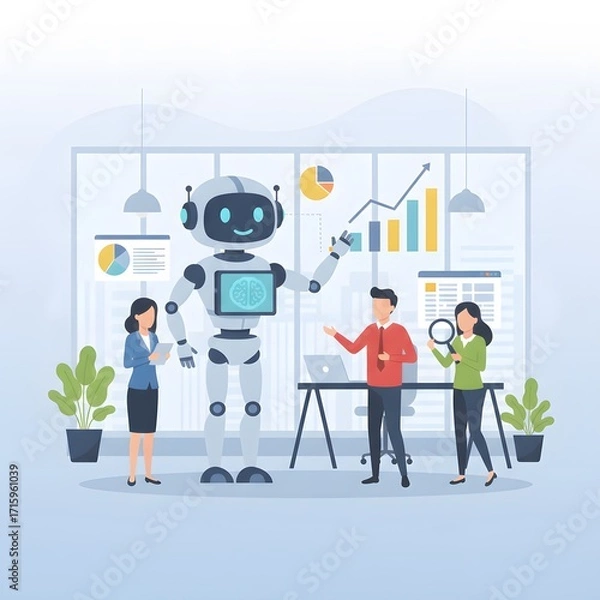 Fototapeta Business team collaboration with an AI robot, analyzing data, and strategizing for growth