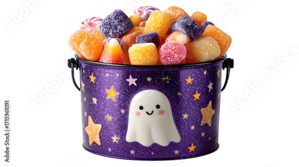 Fototapeta Purple ghost candy bucket decorated with stars, brimming with colorful sweets, isolated on white background