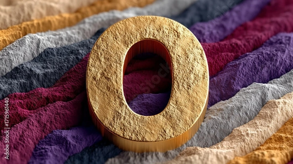 Fototapeta A gold letter O is placed on a colorful background. The background is made up of different shades of purple, brown, and gray. The contrast between the gold letter