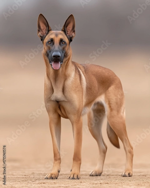 Fototapeta A brown dog with a black nose and black ears stands in a field. The dog is looking at the camera and he is happy