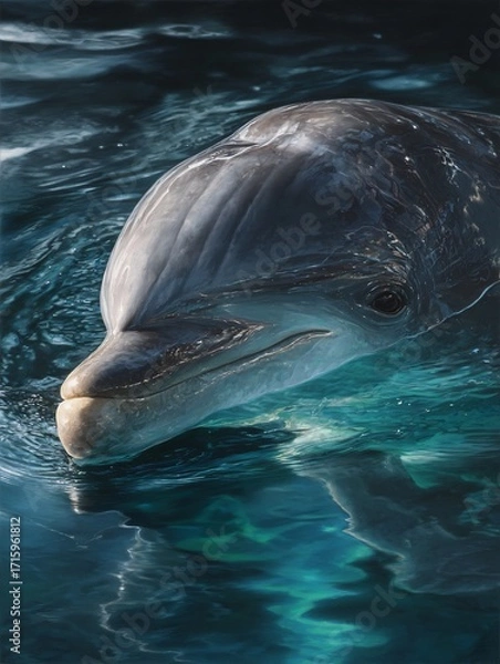 Obraz Hyper realistic close up of dolphin face above water smooth skin and eye detail captured in realism