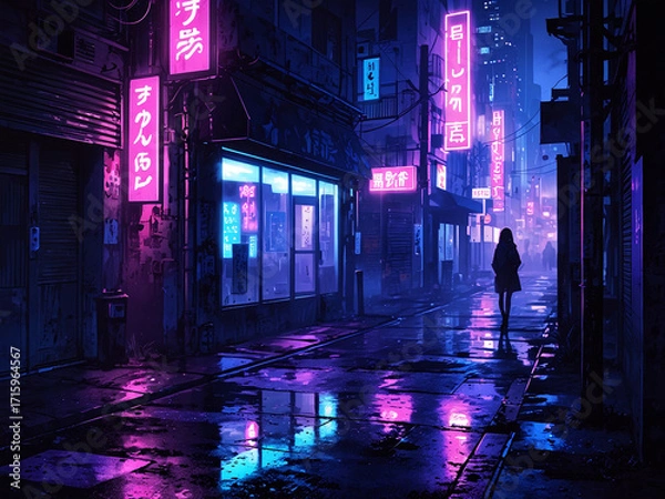 Fototapeta Atmospheric anime urban night scene, glowing neon signage reflecting on wet pavement, tall silhouettes of buildings fading into mist, vibrant color palette of purple and blue creating