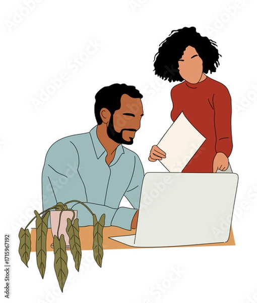 Fototapeta Young businessman and businesswoman working together on a laptop. Colored outline vector sketch, perfect for web design, business, teamwork, office, and corporate projects