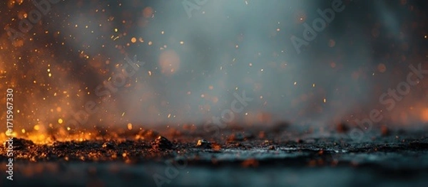 Fototapeta Ground level shot with embers and rising smoke against a blurred gray backdrop