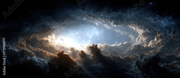 Fototapeta Swirling clouds frame a bright celestial sky, dark and light contrasting