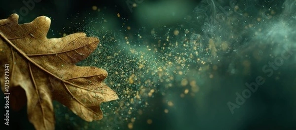 Fototapeta Golden leaf disintegrating into magical golden particles on dark backdrop
