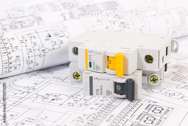 Obraz Electrical engineering drawings and modular circuit breaker. 