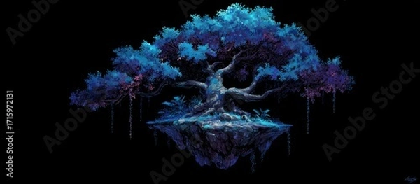 Fototapeta Floating island with a large, gnarled tree; dark, mystical, blue-tinged
