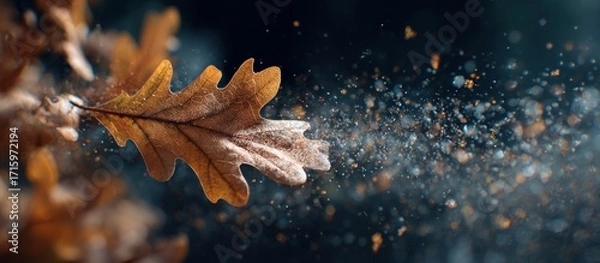 Fototapeta Autumnal oak leaf disintegrates into sparkling dust against a dark background