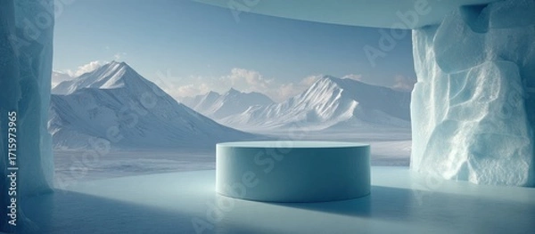 Fototapeta Cyan cylinder display stage in icy arctic cave overlooking mountains
