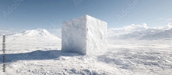 Fototapeta Ice cube stands alone in vast, snow-covered landscape under a bright blue sky