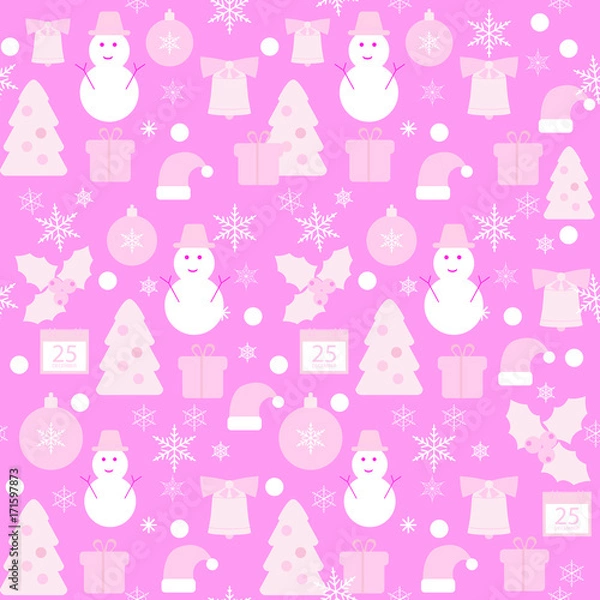Fototapeta Merry Christmas and Happy New Year flat design seamless pattern for greeting card, invitation, poster, flyer.