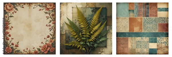 Fototapeta Set of 3 Vintage Styled Artistic Backgrounds , Featuring Floral Patterns and Textured Papers. isolated on White.