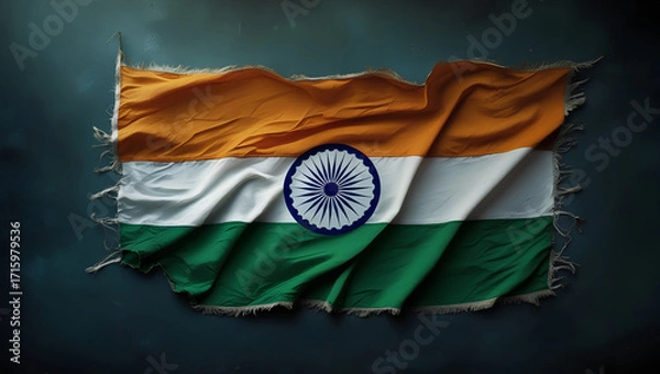 Fototapeta A frayed and tattered Indian flag (Tiranga) with realistic folds and a detailed Ashoka Chakra, set against a dark, stormy, and dramatic background