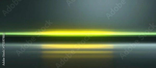 Fototapeta Abstract blurred background, a glowing green and yellow stripe with reflection