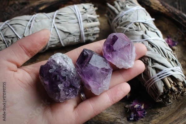Fototapeta A Close-Up of a Hand Grasping Three Vibrant Amethyst Gems Beside Two Whimsical White Sage Bundles