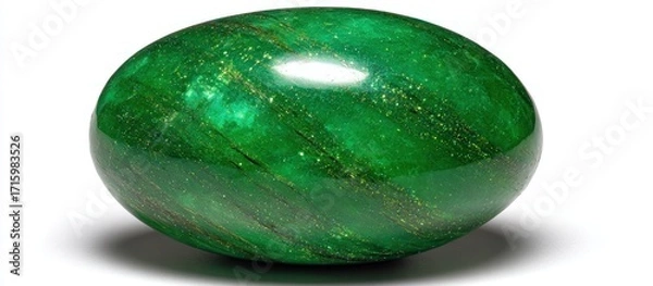Fototapeta Polished dark green stone with golden threads on white, casting a shadow