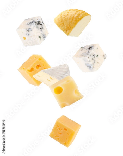 Fototapeta Pieces of various types of cheese. Maasdam, Camembert, Brie, smoked goat cheese, and regular cheese fall in space. Isolated on white.