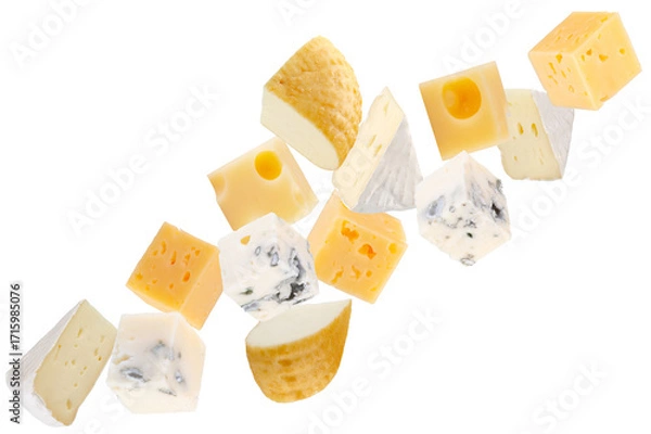 Fototapeta Pieces of various types of cheese. Maasdam, Camembert, Brie, smoked goat cheese, and regular cheese flying through space forming a chain shape. Isolated on white.