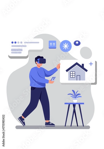 Fototapeta Flat Vector Man Exploring Virtual Reality Home