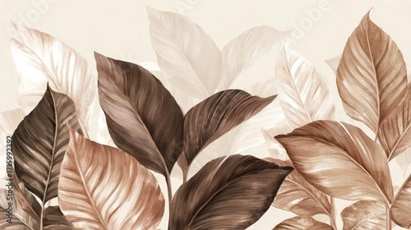 Fototapeta Muted tones of tropical leaves in a soft focus botanical pattern