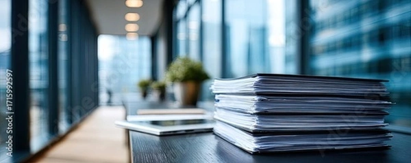 Fototapeta Detailed view of important documents stack concept. Modern office interior showcasing productivity and professionalism.