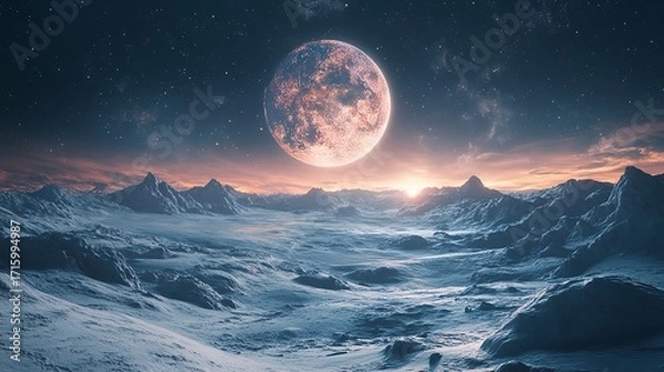 Obraz Stunning Moon Rising Over Mountain Peaks in Fantasy Space Landscape